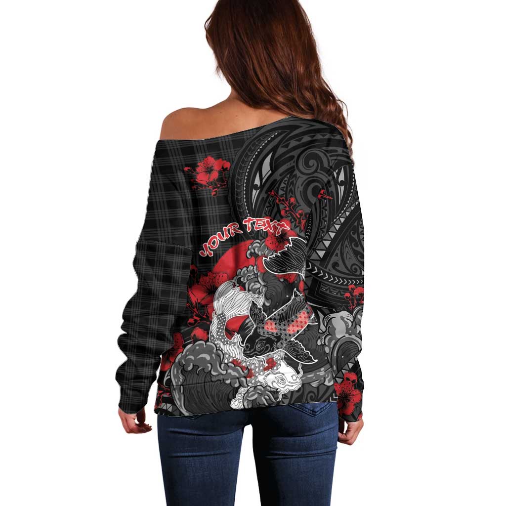 Personalised Hawaiian And Japanese Off Shoulder Sweater Aloha Koi Fish Palaka Patterns - Polynesian Pride