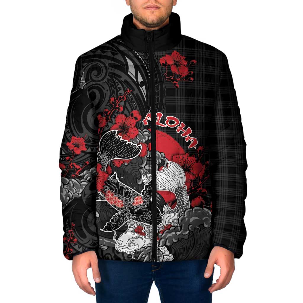 Personalised Hawaiian And Japanese Padded Jacket Aloha Koi Fish Palaka Patterns DT05 Men Black - Polynesian Pride
