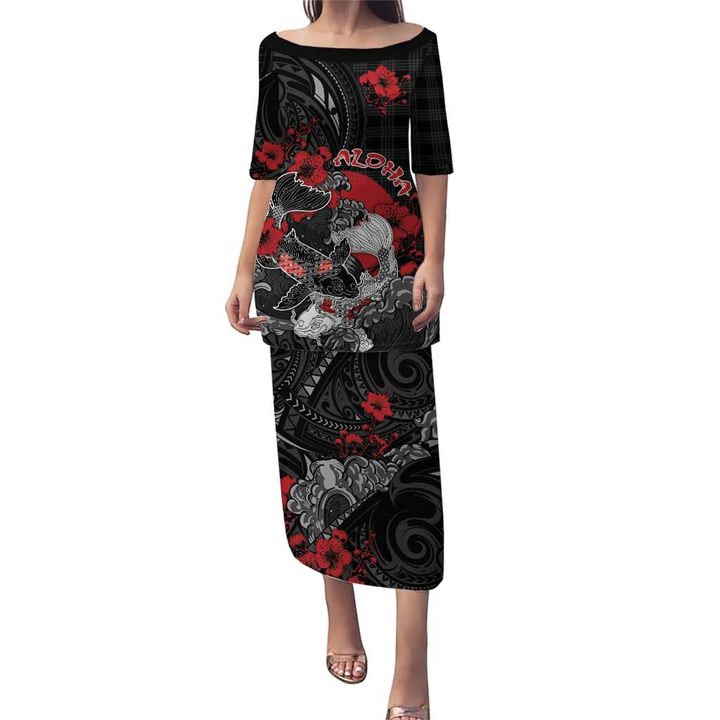 Personalised Hawaiian And Japanese Puletasi Aloha Koi Fish Palaka Patterns DT05 Long Dress Black - Polynesian Pride