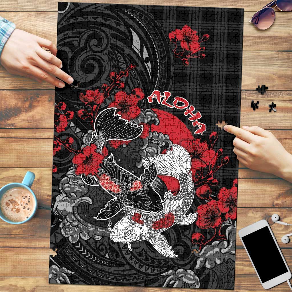 Hawaiian And Japanese Puzzle Aloha Koi Fish Palaka Patterns DT05 Black - Polynesian Pride