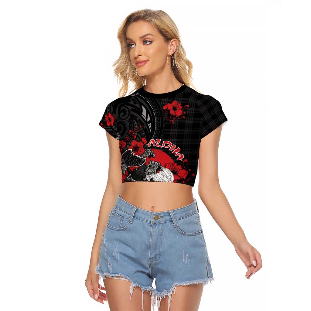 Personalised Hawaiian And Japanese Raglan Cropped T Shirt Aloha Koi Fish Palaka Patterns DT05 Female Black - Polynesian Pride
