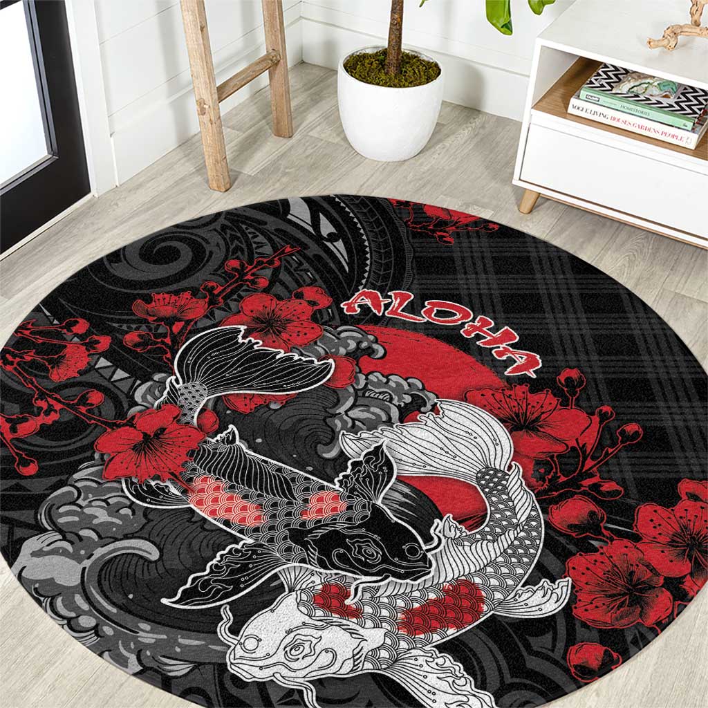 Hawaiian And Japanese Round Carpet Aloha Koi Fish Palaka Patterns DT05 Black - Polynesian Pride