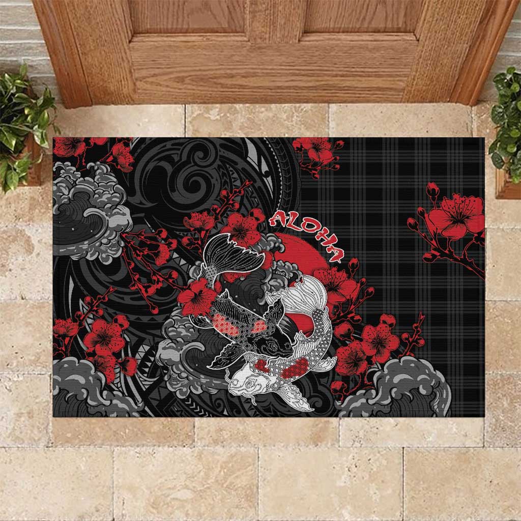 Hawaiian And Japanese Rubber Doormat Aloha Koi Fish Palaka Patterns DT05 Black - Polynesian Pride