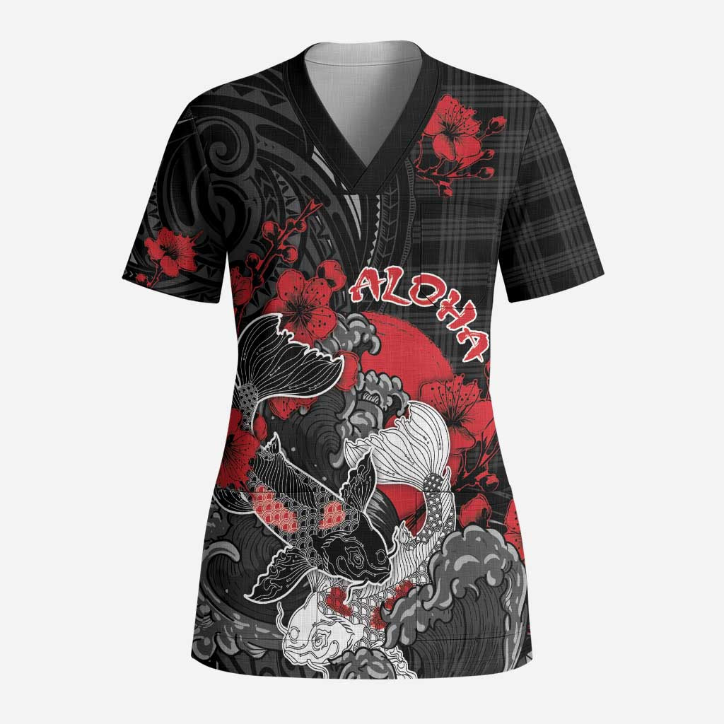 Personalised Hawaiian And Japanese Scrub Top Aloha Koi Fish Palaka Patterns DT05 Adult Black - Polynesian Pride