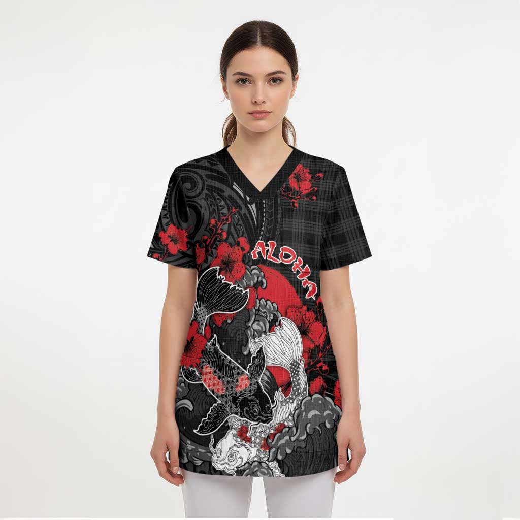 Personalised Hawaiian And Japanese Scrub Top Aloha Koi Fish Palaka Patterns DT05 - Polynesian Pride