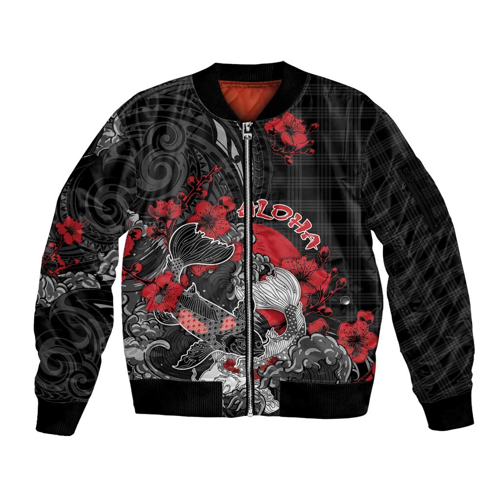Personalised Hawaiian And Japanese Sleeve Zip Bomber Jacket Aloha Koi Fish Palaka Patterns - Polynesian Pride