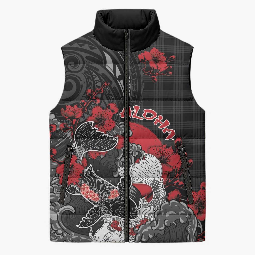 Personalised Hawaiian And Japanese Sleeveless Puffer Jacket Aloha Koi Fish Palaka Patterns DT05 Unisex Black - Polynesian Pride