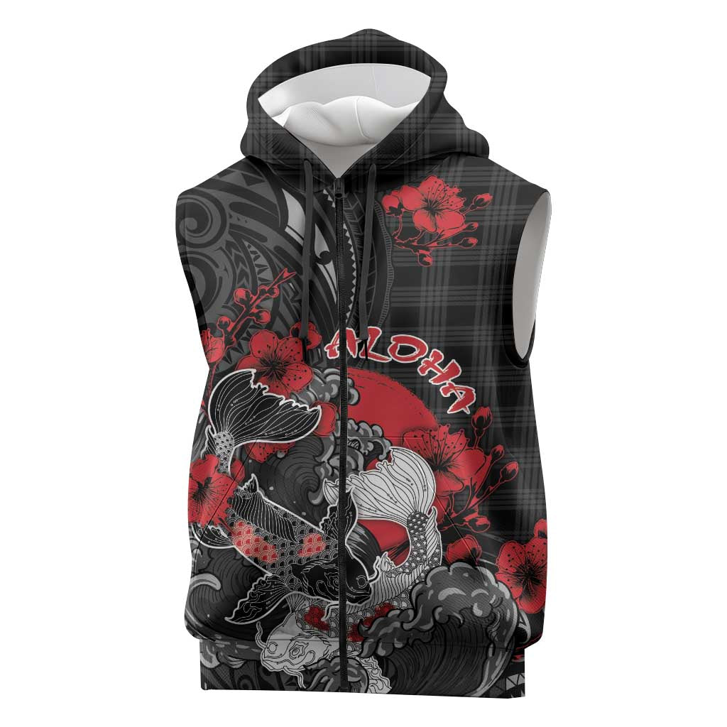 Personalised Hawaiian And Japanese Sleeveless Zip Hoodie Aloha Koi Fish Palaka Patterns DT05 Black - Polynesian Pride