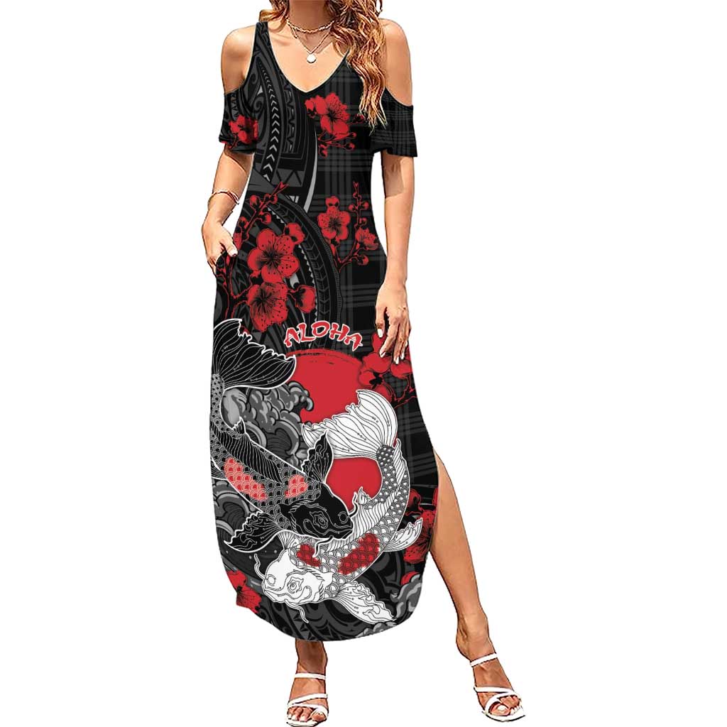 Personalised Hawaiian And Japanese Summer Maxi Dress Aloha Koi Fish Palaka Patterns - Polynesian Pride