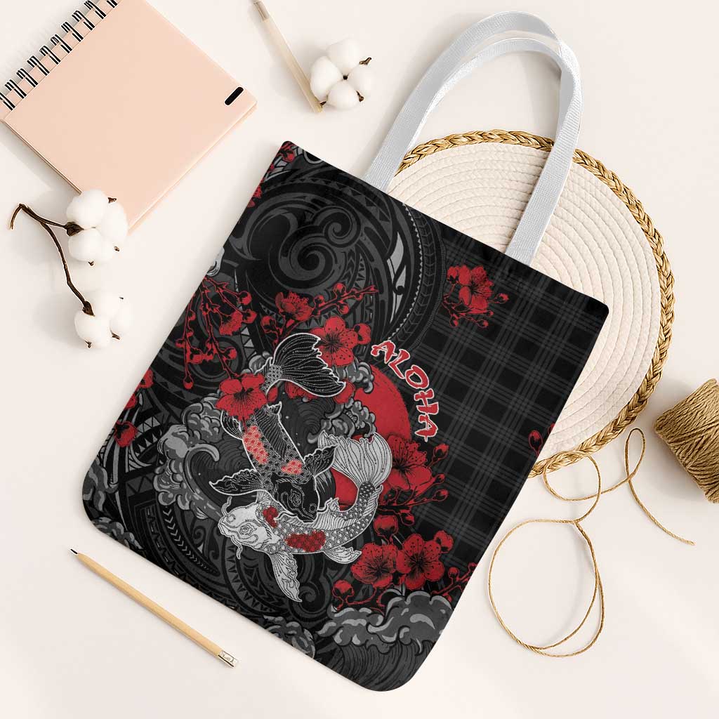 Hawaiian And Japanese Tote Bag Aloha Koi Fish Palaka Patterns - Polynesian Pride