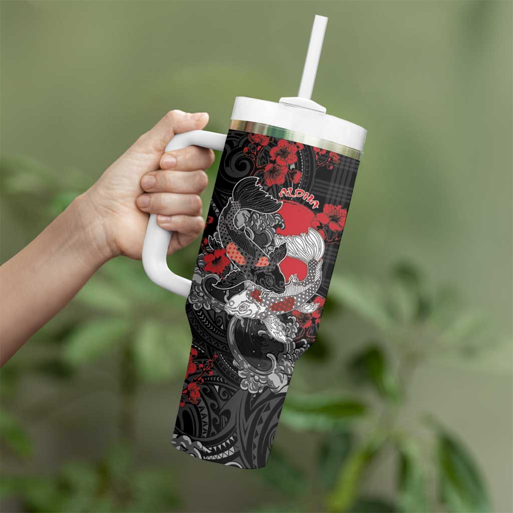 Personalised Hawaiian And Japanese Tumbler With Handle Aloha Koi Fish Palaka Patterns - Polynesian Pride