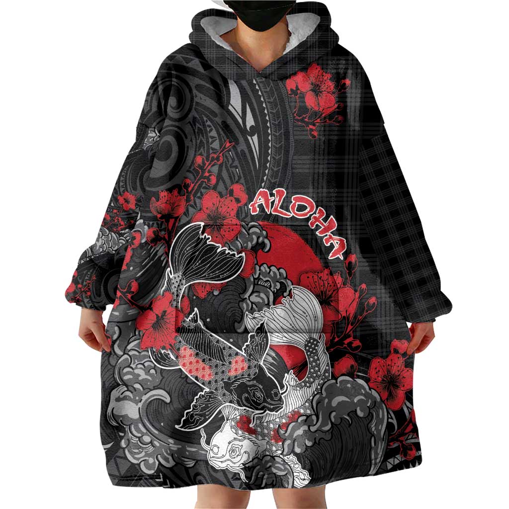 Personalised Hawaiian And Japanese Wearable Blanket Hoodie Aloha Koi Fish Palaka Patterns DT05 - Polynesian Pride