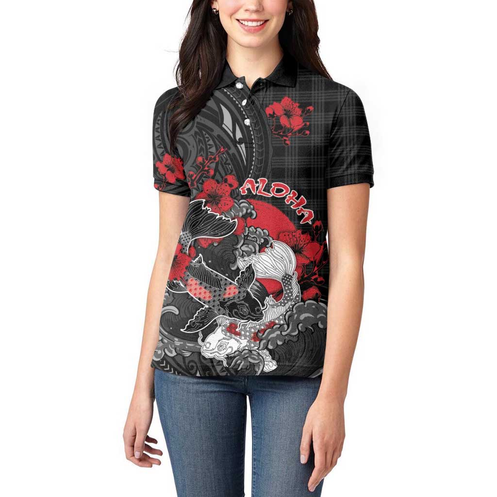 Personalised Hawaiian And Japanese Women Polo Shirt Aloha Koi Fish Palaka Patterns - Polynesian Pride
