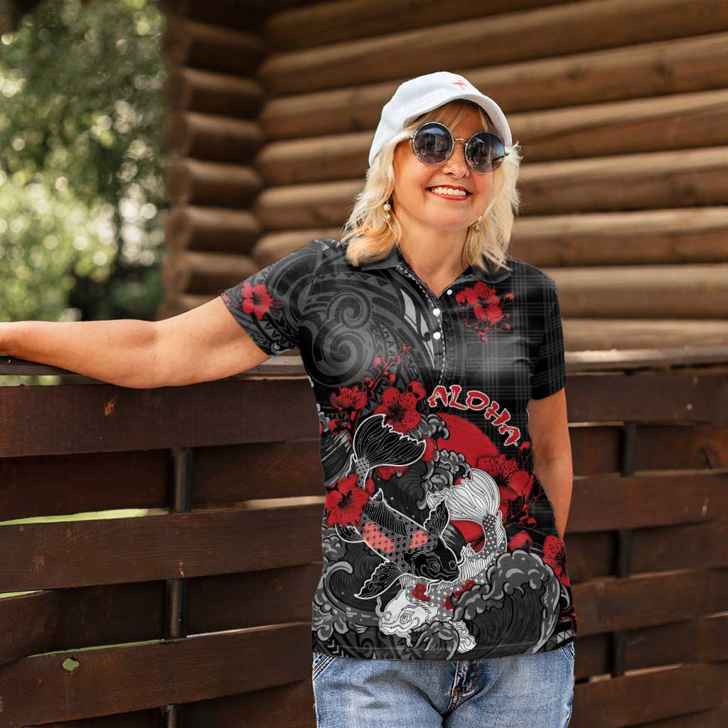 Personalised Hawaiian And Japanese Women Polo Shirt Aloha Koi Fish Palaka Patterns - Polynesian Pride