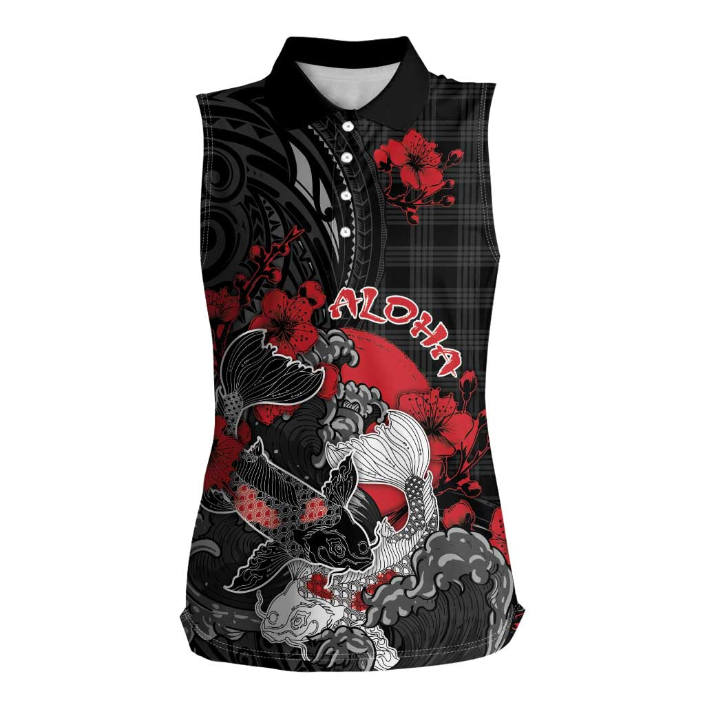 Personalised Hawaiian And Japanese Women Sleeveless Polo Shirt Aloha Koi Fish Palaka Patterns DT05 Female Black - Polynesian Pride
