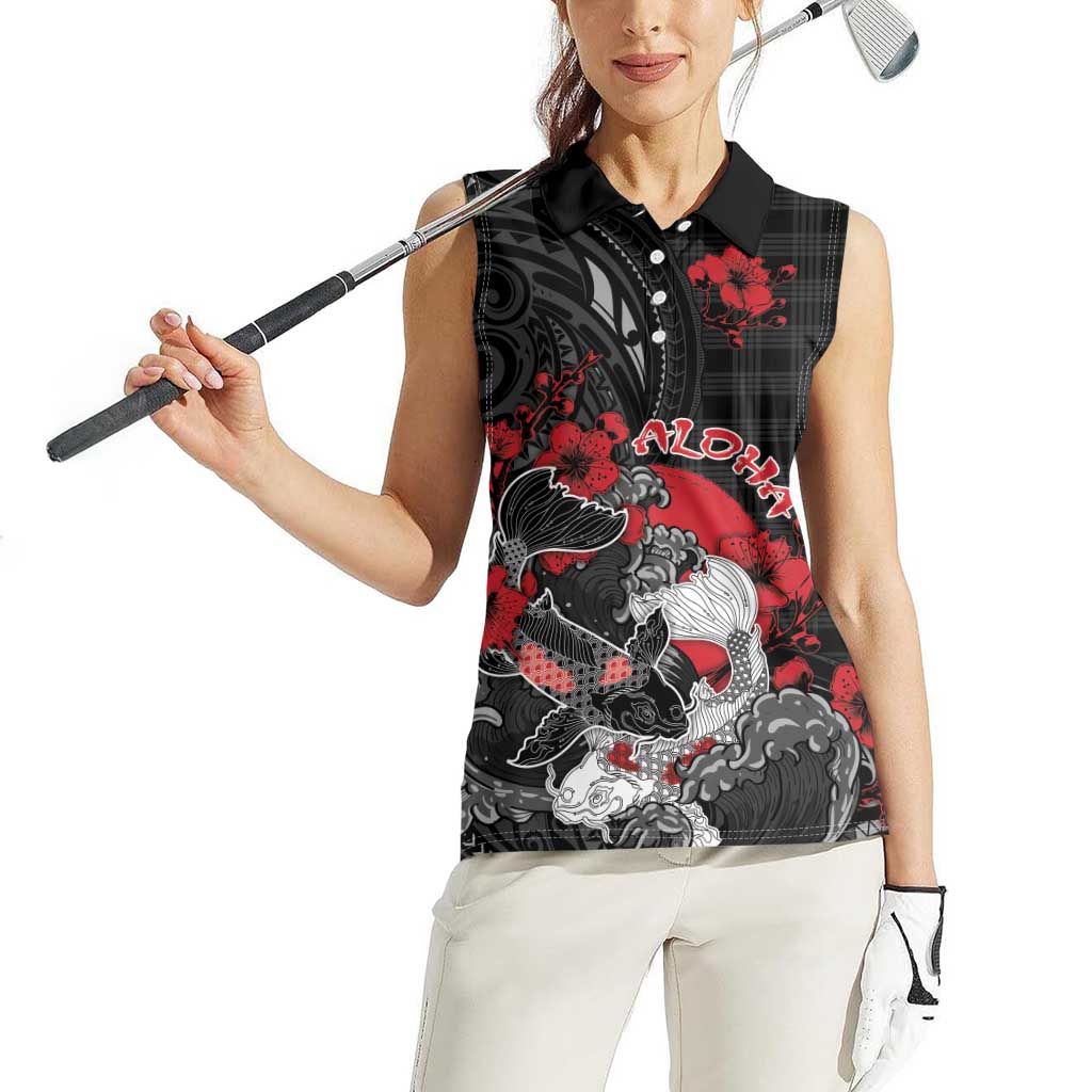 Personalised Hawaiian And Japanese Women Sleeveless Polo Shirt Aloha Koi Fish Palaka Patterns DT05 - Polynesian Pride