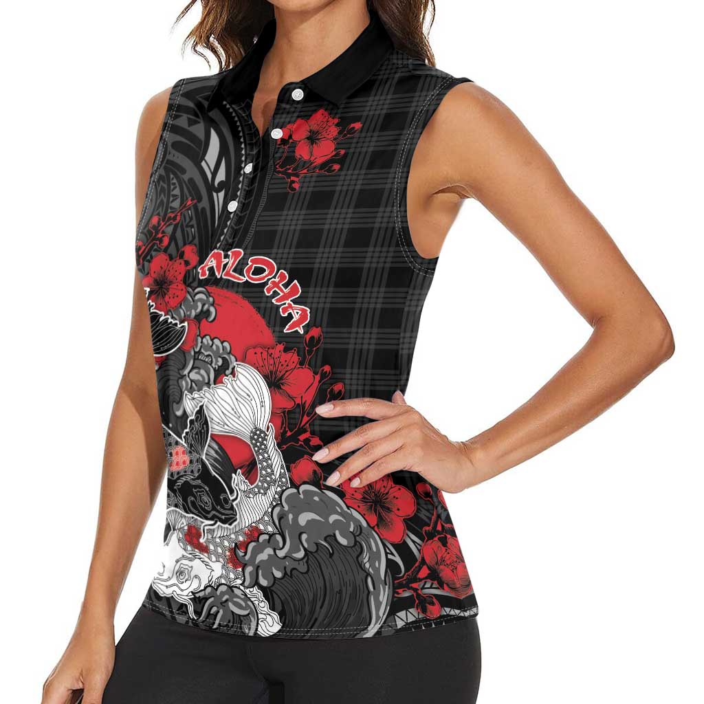 Personalised Hawaiian And Japanese Women Sleeveless Polo Shirt Aloha Koi Fish Palaka Patterns DT05 - Polynesian Pride