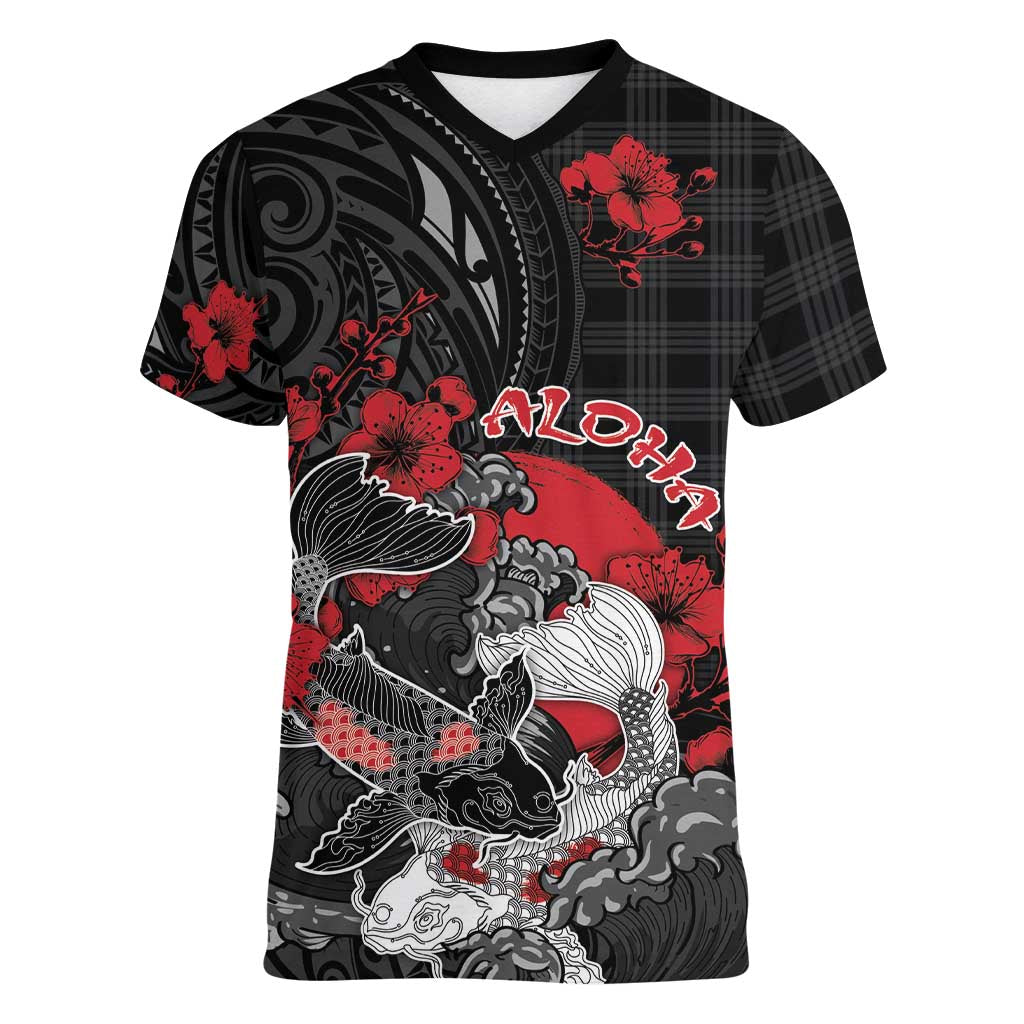 Personalised Hawaiian And Japanese Women V-Neck T-Shirt Aloha Koi Fish Palaka Patterns DT05 Female Black - Polynesian Pride