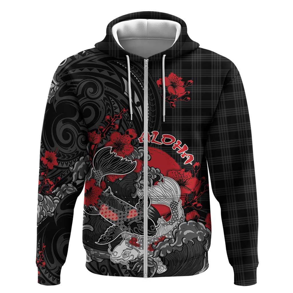Personalised Hawaiian And Japanese Zip Hoodie Aloha Koi Fish Palaka Patterns DT05 Zip Hoodie Black - Polynesian Pride