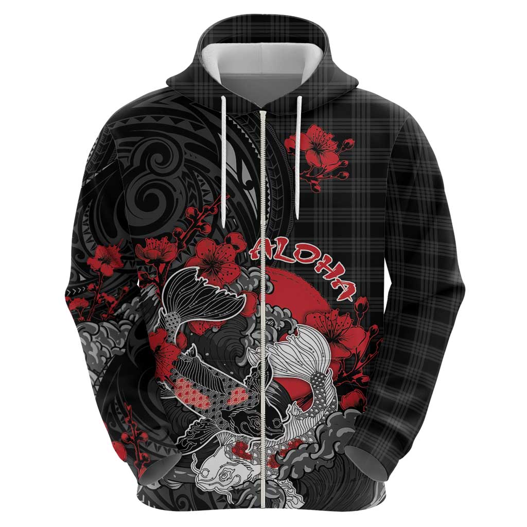 Personalised Hawaiian And Japanese Zip Hoodie Aloha Koi Fish Palaka Patterns DT05 - Polynesian Pride