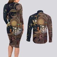 Hawaii Makahiki Couples Matching Long Sleeve Bodycon Dress and Long Sleeve Button Shirt Polynesian Sky And Earth - Polynesian Pride