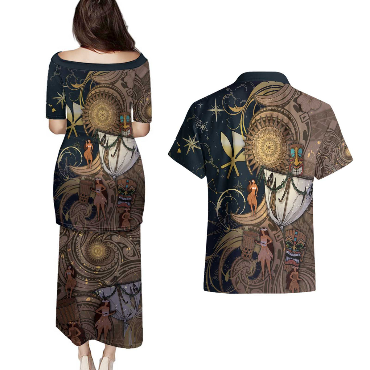 Hawaii Makahiki Couples Matching Puletasi and Hawaiian Shirt Polynesian Sky And Earth DT05 - Polynesian Pride