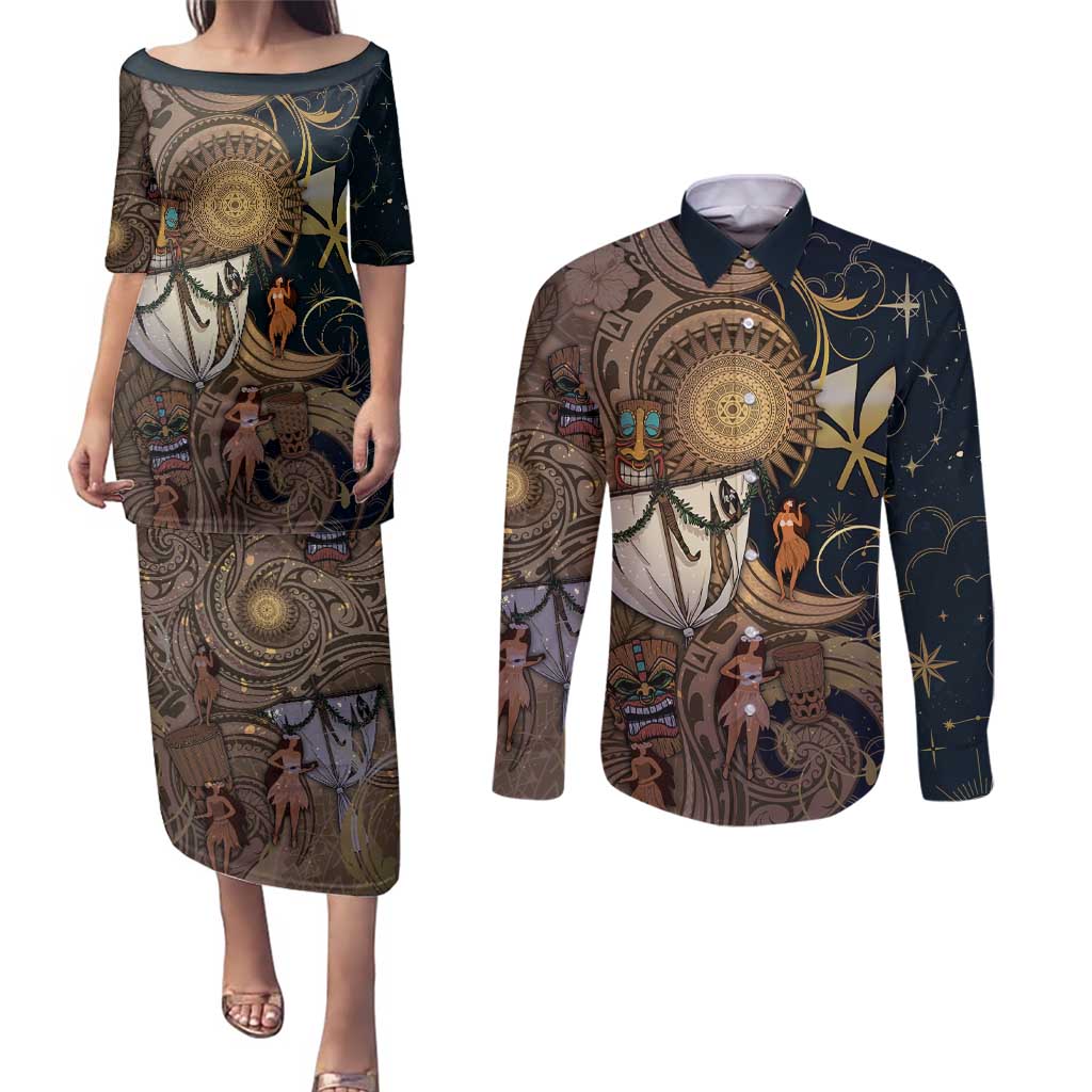 Hawaii Makahiki Couples Matching Puletasi and Long Sleeve Button Shirt Polynesian Sky And Earth DT05 Gold - Polynesian Pride