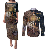 Hawaii Makahiki Couples Matching Puletasi and Long Sleeve Button Shirt Polynesian Sky And Earth DT05 Gold - Polynesian Pride