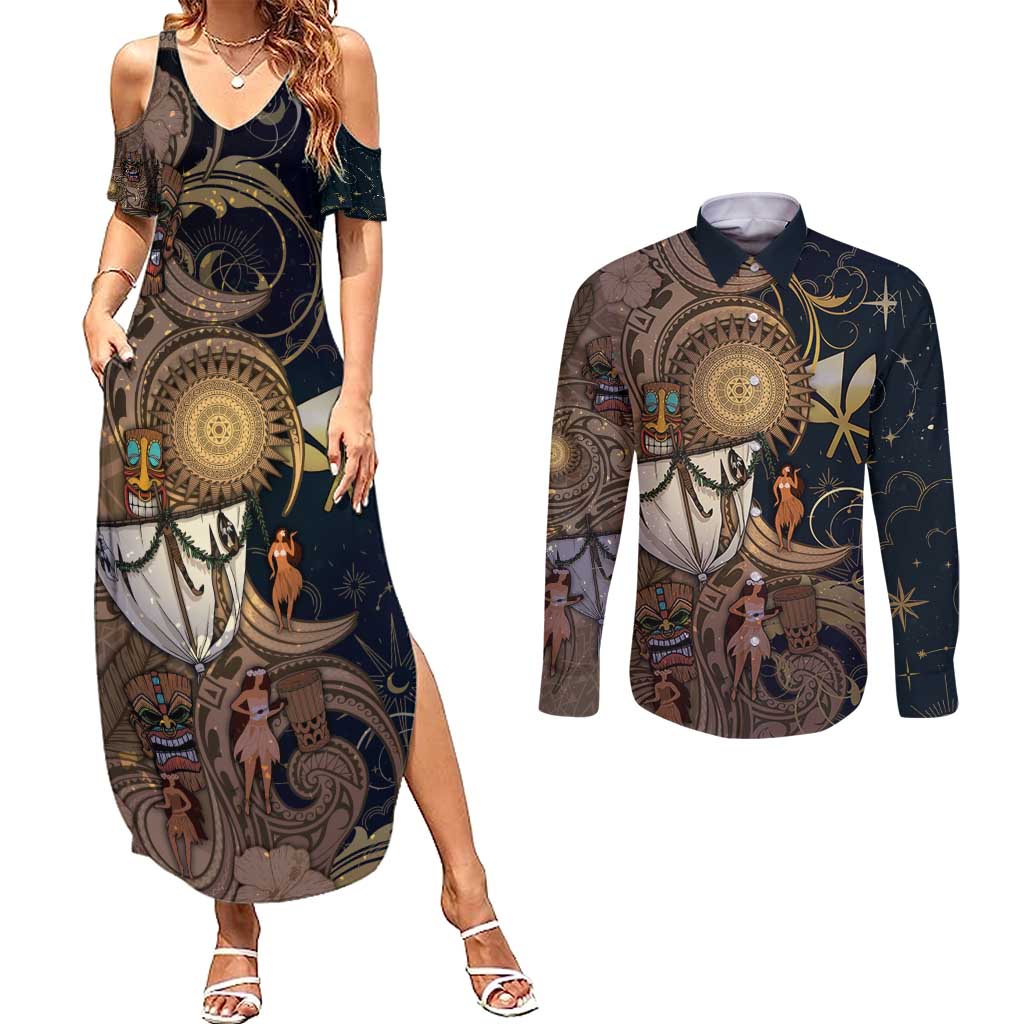Hawaii Makahiki Couples Matching Summer Maxi Dress and Long Sleeve Button Shirt Polynesian Sky And Earth - Polynesian Pride