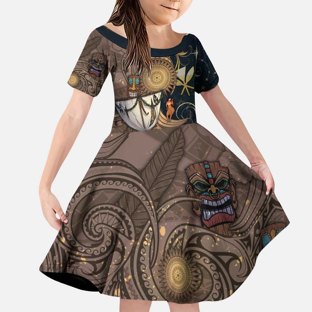 Hawaii Makahiki Family Matching Puletasi and Hawaiian Shirt Polynesian Sky And Earth DT05 Daughter's Dress Gold - Polynesian Pride
