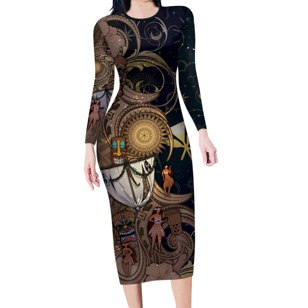 Hawaii Makahiki Long Sleeve Bodycon Dress Polynesian Sky And Earth - Polynesian Pride