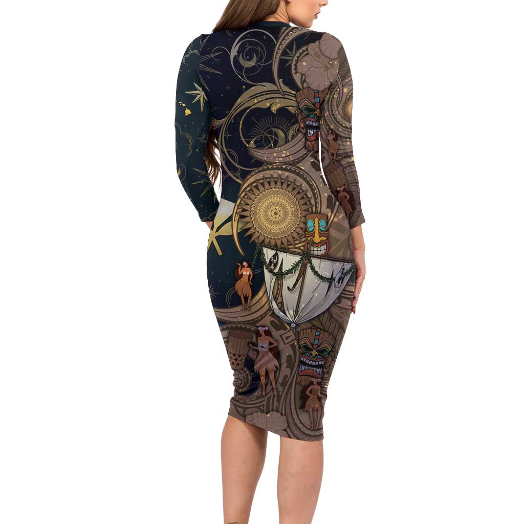 Hawaii Makahiki Long Sleeve Bodycon Dress Polynesian Sky And Earth - Polynesian Pride