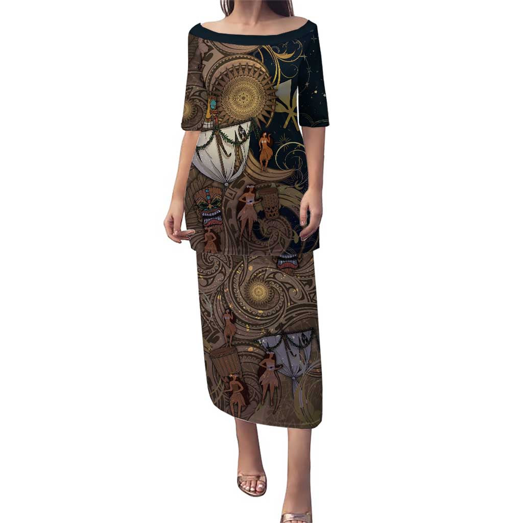 Hawaii Makahiki Puletasi Polynesian Sky And Earth DT05 Long Dress Gold - Polynesian Pride