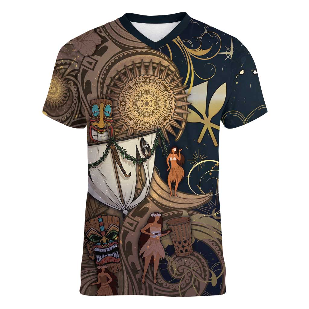 Hawaii Makahiki Women V-Neck T-Shirt Polynesian Sky And Earth DT05 Female Gold - Polynesian Pride