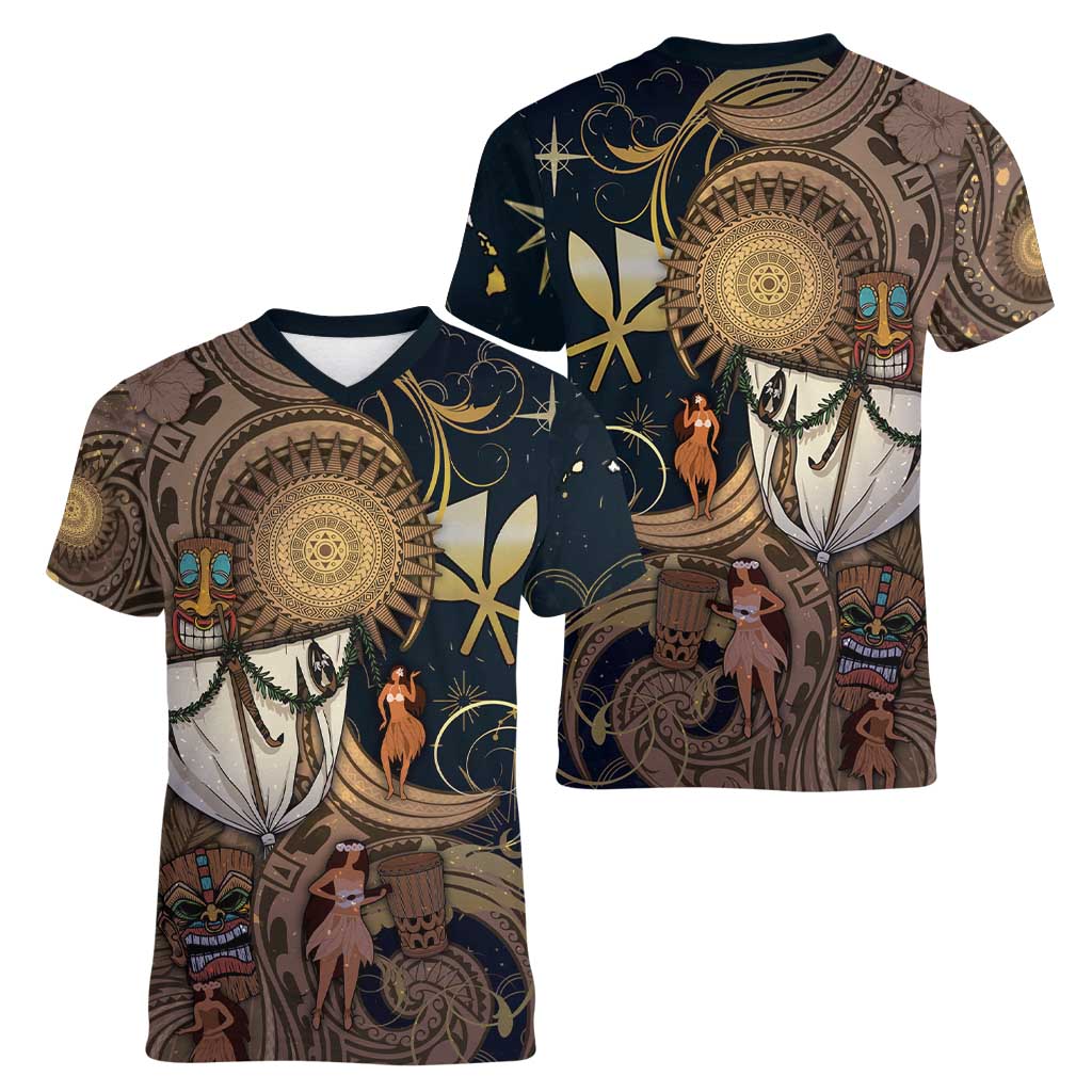 Hawaii Makahiki Women V-Neck T-Shirt Polynesian Sky And Earth DT05 - Polynesian Pride