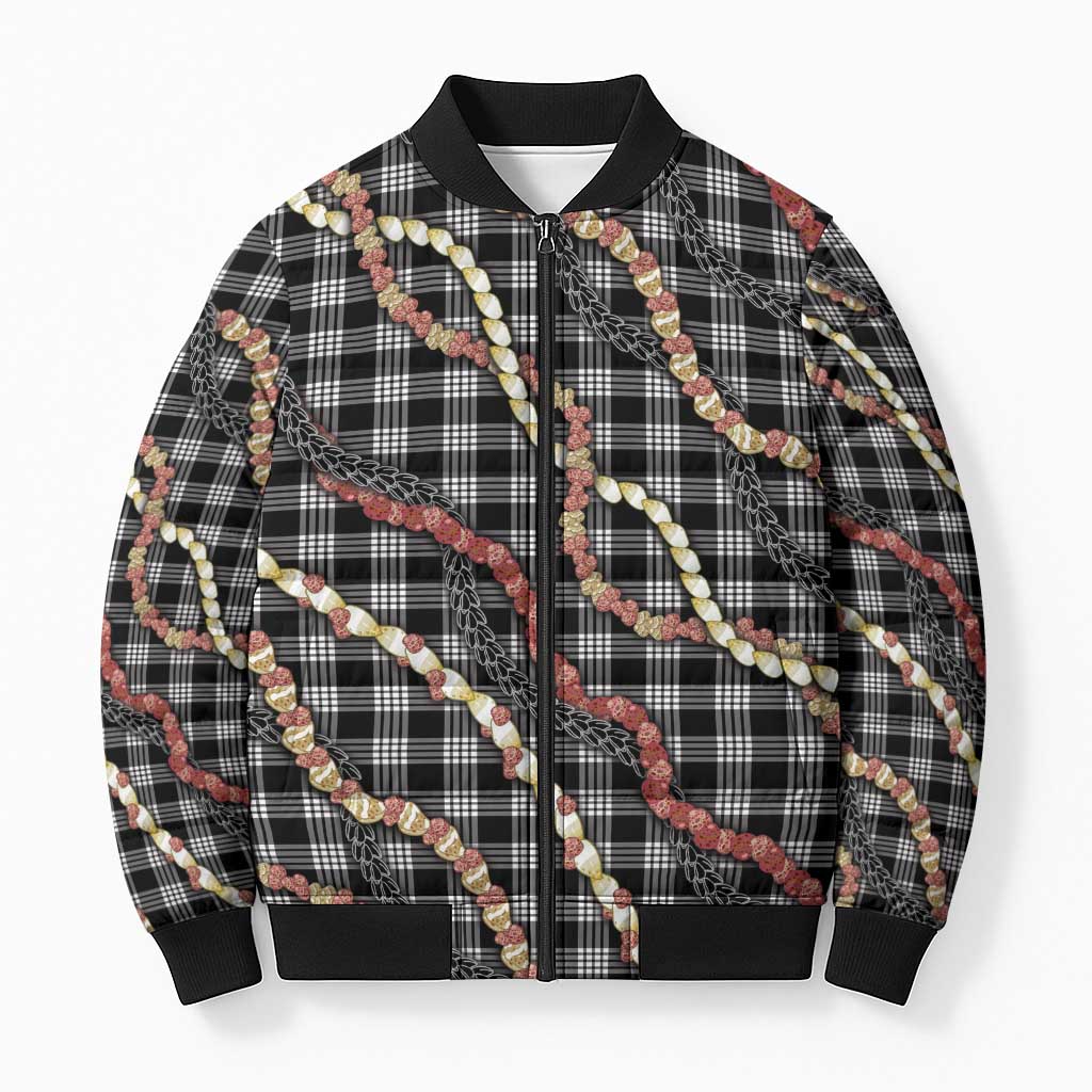 Hawaii Palaka Niihau Shell Lei Bomber Puffer Jacket Tropical Island Plaid Patterns DT05 Unisex Black - Polynesian Pride