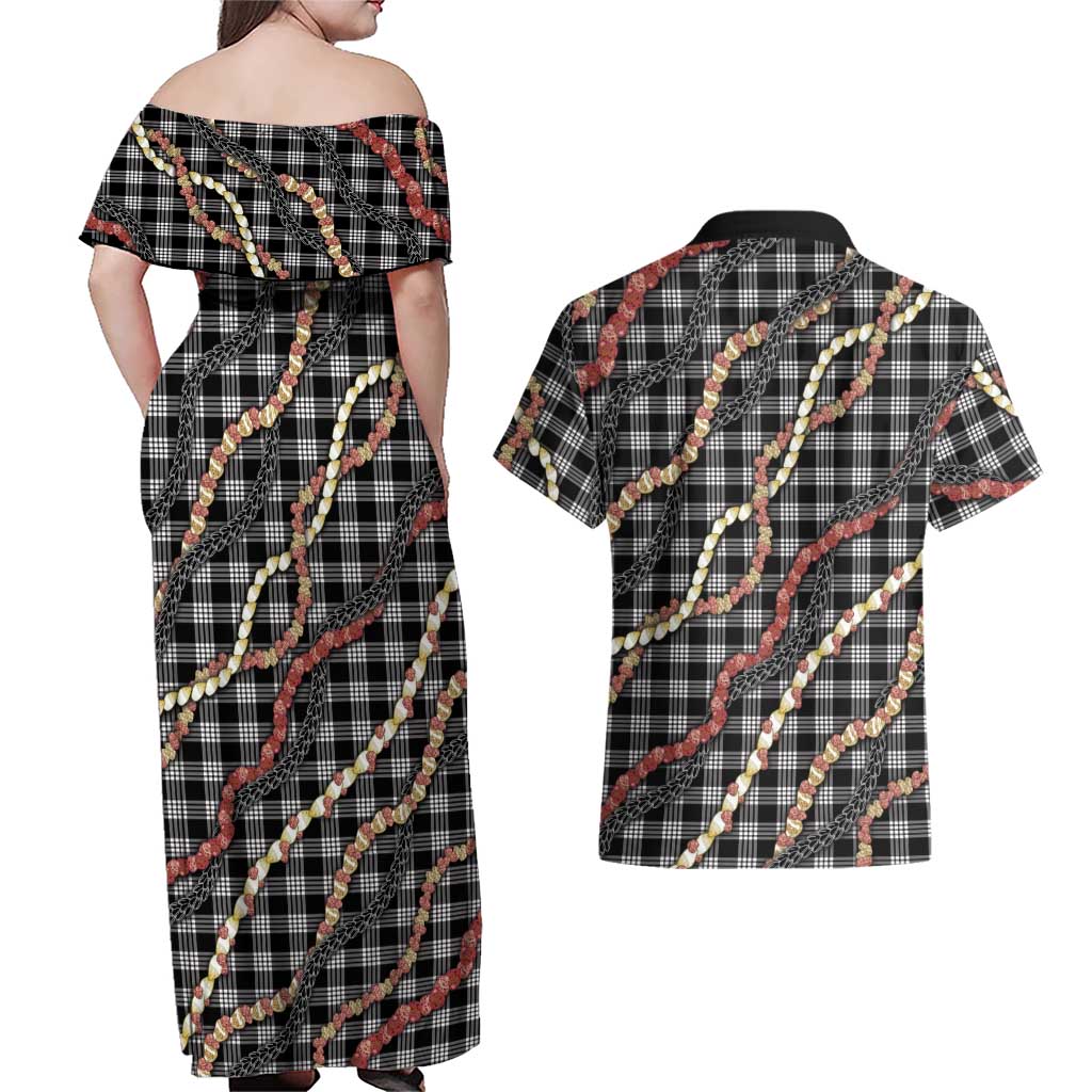 Hawaii Palaka Niihau Shell Lei Couples Matching Off Shoulder Maxi Dress and Hawaiian Shirt Tropical Island Plaid Patterns DT05 - Polynesian Pride