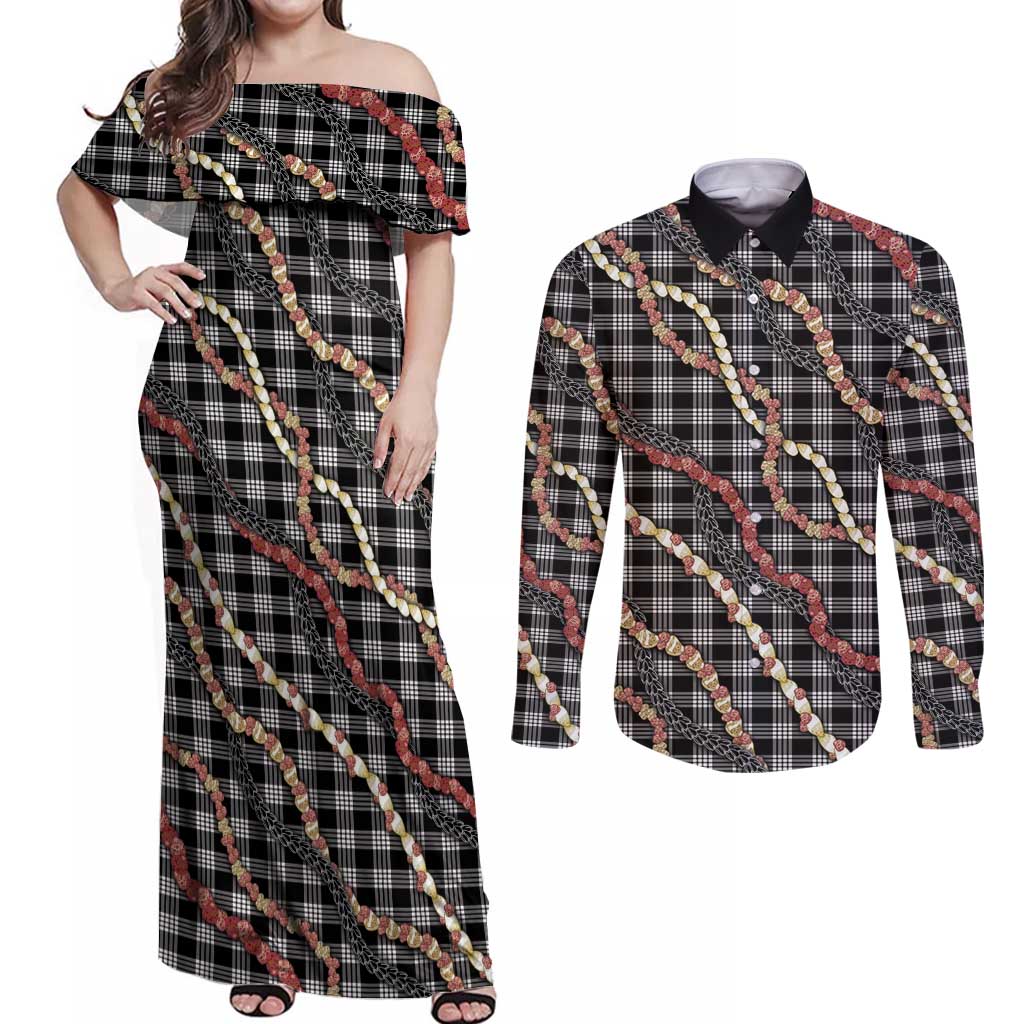 Hawaii Palaka Niihau Shell Lei Couples Matching Off Shoulder Maxi Dress and Long Sleeve Button Shirt Tropical Island Plaid Patterns DT05 Black - Polynesian Pride