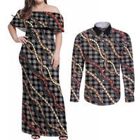 Hawaii Palaka Niihau Shell Lei Couples Matching Off Shoulder Maxi Dress and Long Sleeve Button Shirt Tropical Island Plaid Patterns DT05 Black - Polynesian Pride