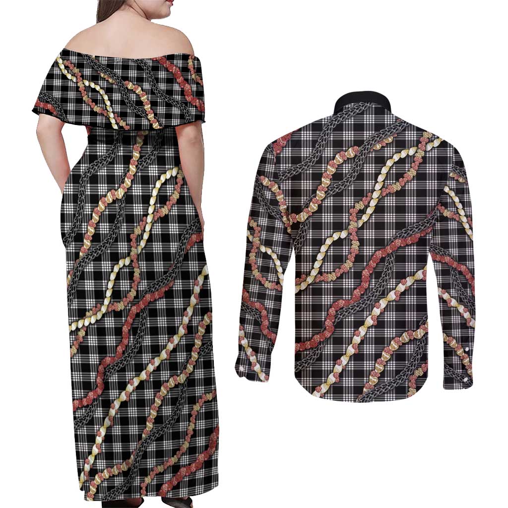 Hawaii Palaka Niihau Shell Lei Couples Matching Off Shoulder Maxi Dress and Long Sleeve Button Shirt Tropical Island Plaid Patterns DT05 - Polynesian Pride