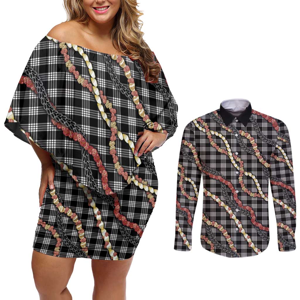 Hawaii Palaka Niihau Shell Lei Couples Matching Off Shoulder Short Dress and Long Sleeve Button Shirt Tropical Island Plaid Patterns DT05 Black - Polynesian Pride