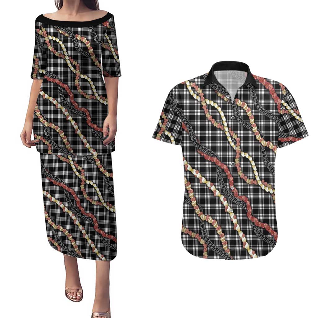 Hawaii Palaka Niihau Shell Lei Couples Matching Puletasi and Hawaiian Shirt Tropical Island Plaid Patterns DT05 Black - Polynesian Pride