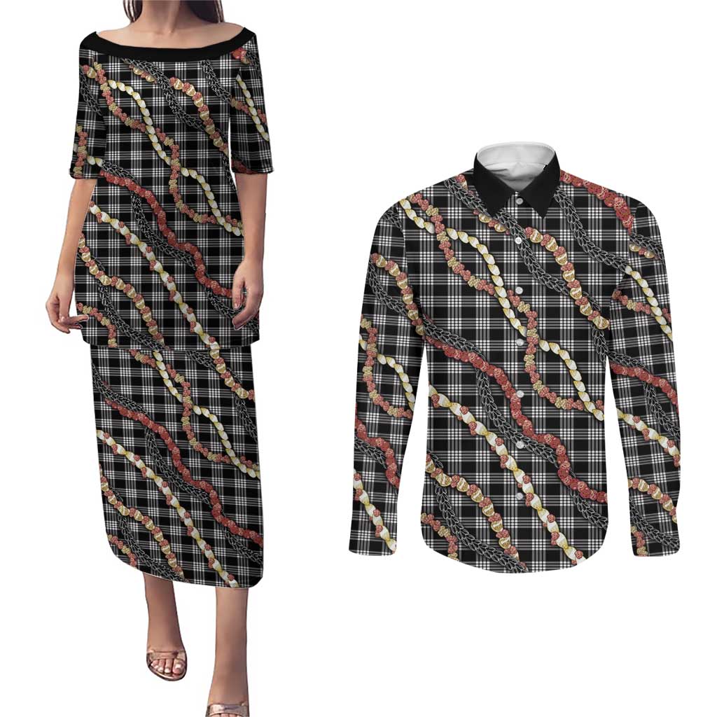 Hawaii Palaka Niihau Shell Lei Couples Matching Puletasi and Long Sleeve Button Shirt Tropical Island Plaid Patterns DT05 Black - Polynesian Pride