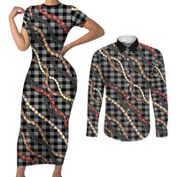 Hawaii Palaka Niihau Shell Lei Couples Matching Short Sleeve Bodycon Dress and Long Sleeve Button Shirt Tropical Island Plaid Patterns DT05 Black - Polynesian Pride