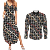 Hawaii Palaka Niihau Shell Lei Couples Matching Summer Maxi Dress and Long Sleeve Button Shirt Tropical Island Plaid Patterns DT05 Black - Polynesian Pride