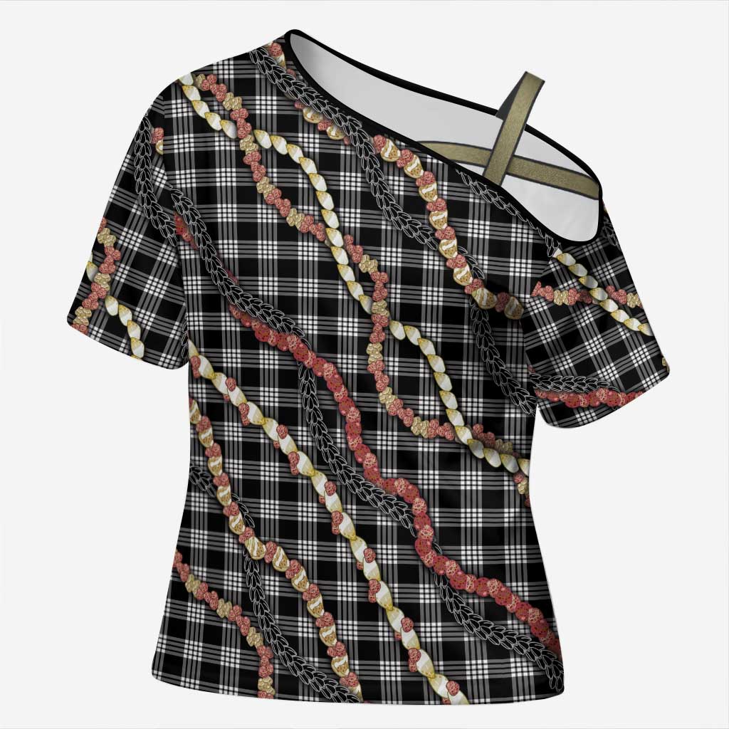 Hawaii Palaka Niihau Shell Lei Cross Shoulder Shirt Tropical Island Plaid Patterns DT05 Female Black - Polynesian Pride