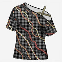 Hawaii Palaka Niihau Shell Lei Cross Shoulder Shirt Tropical Island Plaid Patterns DT05 Female Black - Polynesian Pride