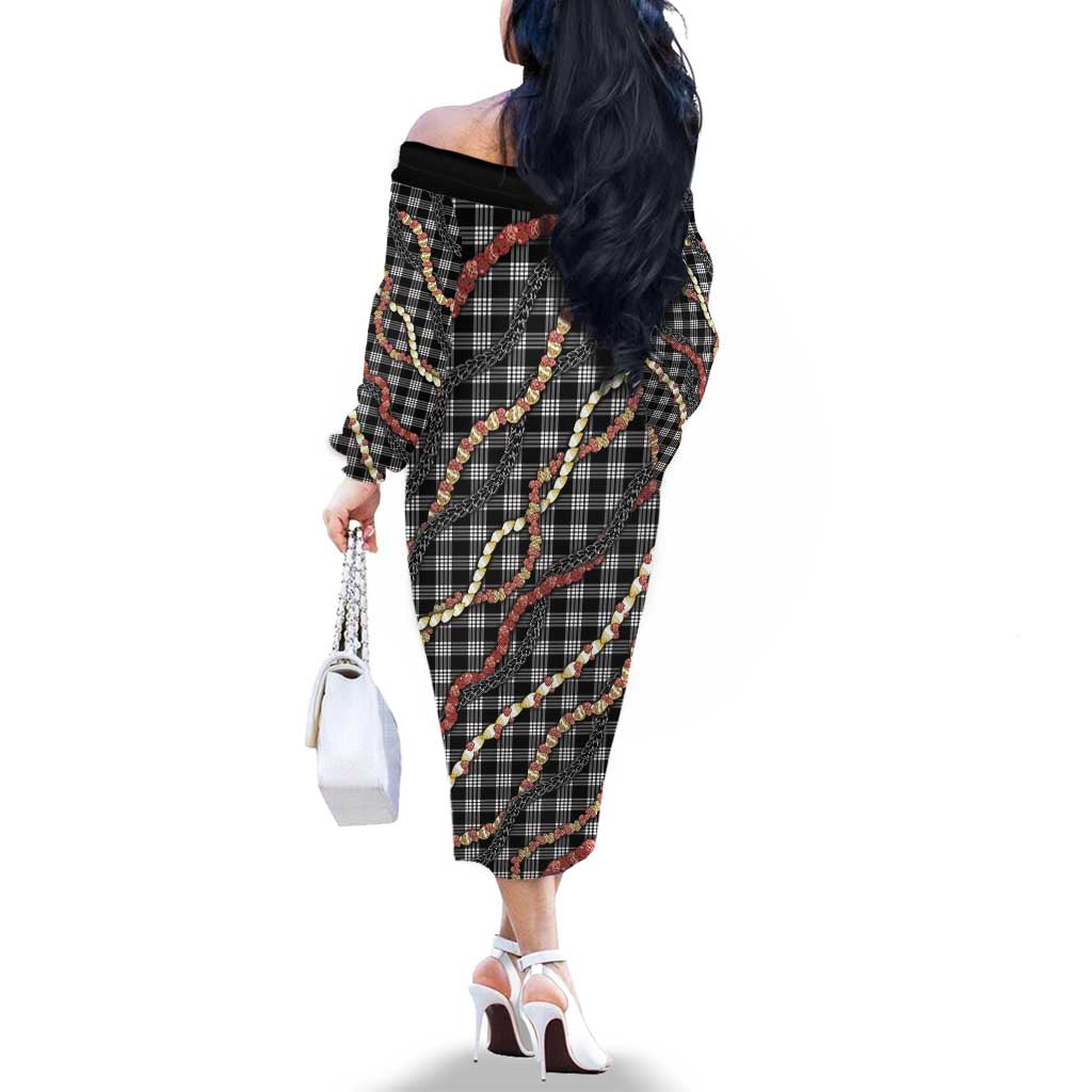 Hawaii Palaka Niihau Shell Lei Family Matching Off The Shoulder Long Sleeve Dress and Hawaiian Shirt Tropical Island Plaid Patterns
