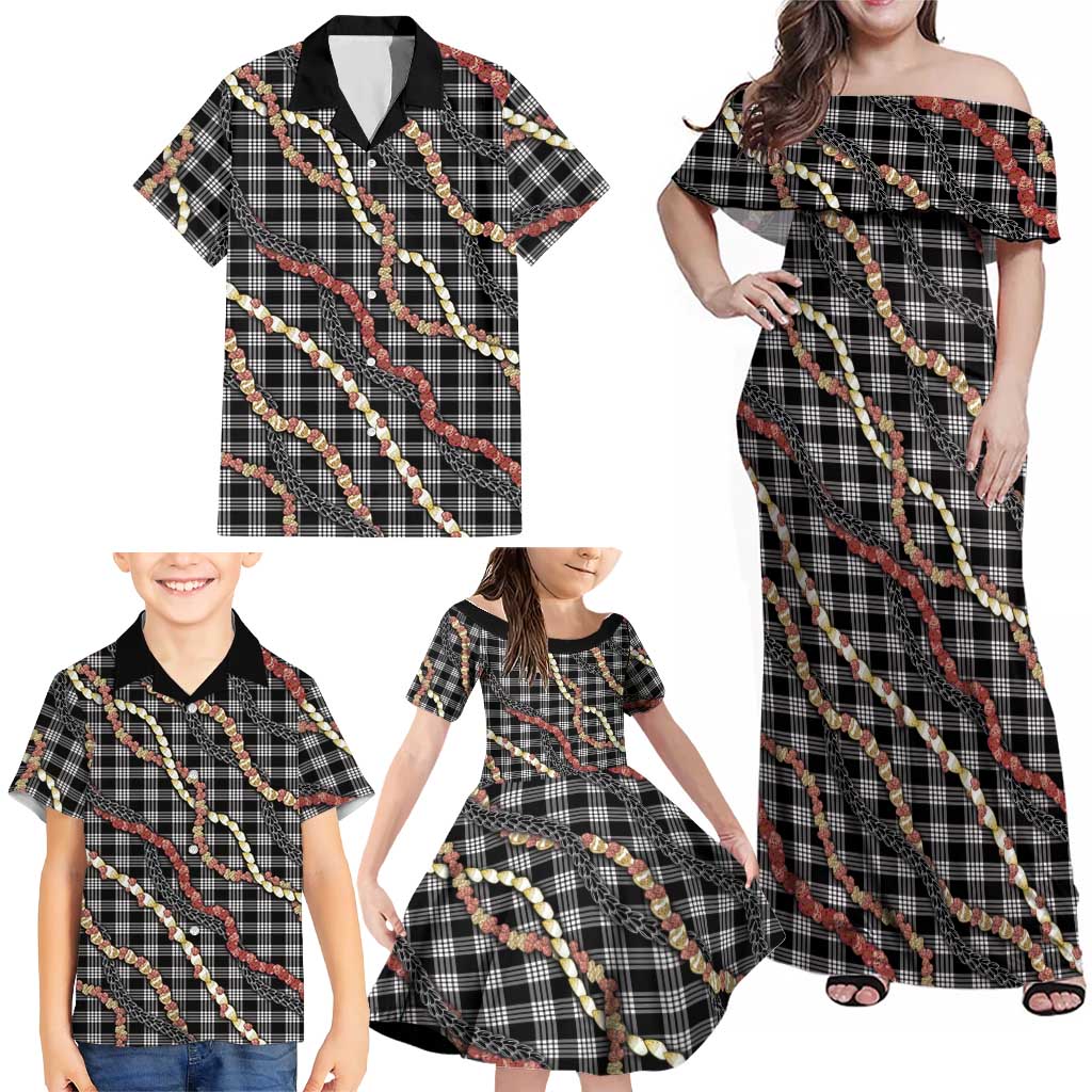 Hawaii Palaka Niihau Shell Lei Family Matching Off Shoulder Maxi Dress and Hawaiian Shirt Tropical Island Plaid Patterns DT05 - Polynesian Pride