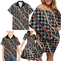 Hawaii Palaka Niihau Shell Lei Family Matching Off Shoulder Short Dress and Hawaiian Shirt Tropical Island Plaid Patterns